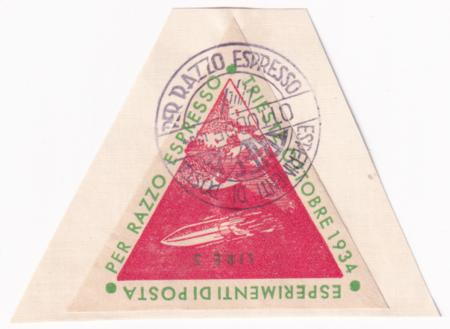 Italy 1934 5 Lire Rocket Mail label tied on piece