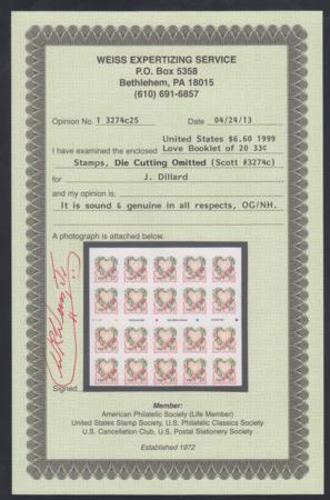 US 3274c Error VF Mint Full Imperf Pane of 20, No Die Cutting - Weiss Cert cv $1,000