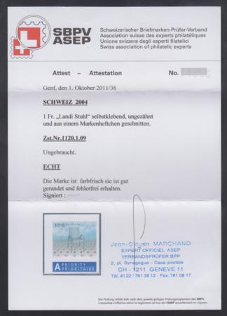 Switzerland 1170var XF NH 2004 Booklet Imperf Single SBPV Cert cv $2,400