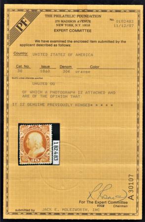 US 38 Early Classics Fine Mint LH OG, Rich Orange Color - PF + Crowe Certs cv $1,900