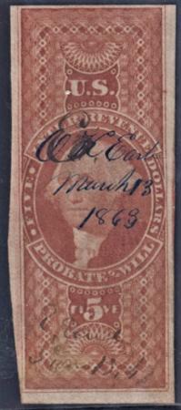 US R92a Revenue F - VF Used $5 Probate of Will PSE Cert cv $750
