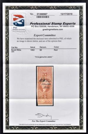 US R92a Revenue F - VF Used $5 Probate of Will PSE Cert cv $750