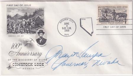 US 1130 Autographed FDC Signed by Grant Sawyer, Governor of NV