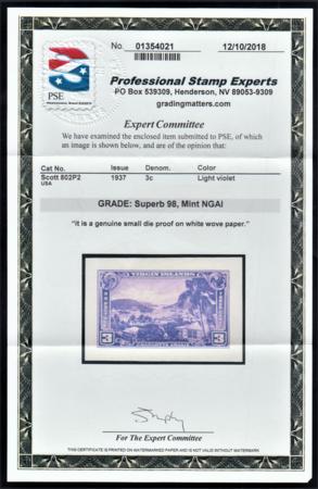 US 802P2 Superb Unused Small Die Proof on White Wove - PSE 98 Cert