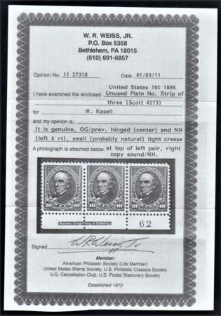 US 273 Bureau and Regular Issue VF-XF Mint LH Large Margin, Weiss Cert cv $130