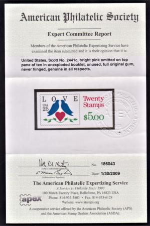 US 2441c Error Mint NH Booklet of 10 Missing Pink on Top Pane APS Cert cv $950