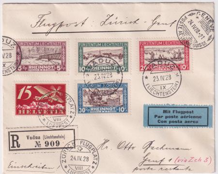 Liechtenstein / Switzerland 1928 First Flight Geneva-Zurich-Munich-Vienna