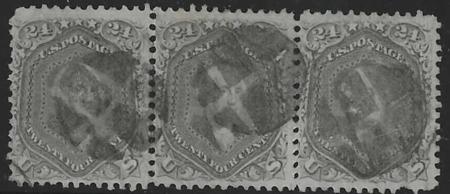 US 78b Early Classics  F-VF Used Nicely Centered Strip of 3, Perf Flaws Left and Right Stamp cv $1400