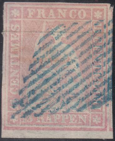 Switzerland 33 (SBK 24F) Used VF-XF 4 Frame Lines, Margins All Around Hunziker Cert. Nice Blue Grid