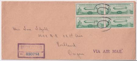 US 1934 C18 Block on Registered Non-Flight Usage to Portland