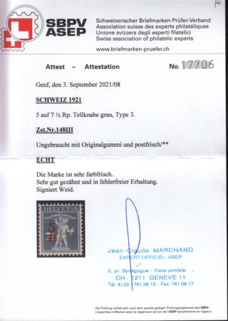 Switzerland 195C (SBK 148 III) Mint NH F-VF Ovpt. On Rare Type III Marchand Cert. One Of The Best Rarities Of Swiss Philately