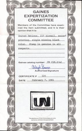 UN Gawes C18.2a Mint NH XF 21 ct. Airmail Missing Black Gaines Cert.