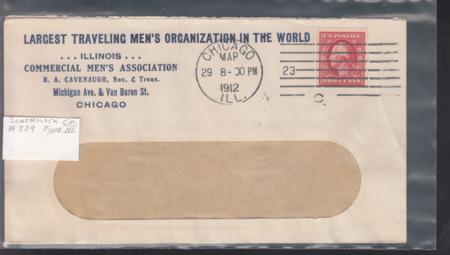 US 384 FDCS Shermack III VF Stamp + Cover, Chicago March 1912, Men's Travel Org. Window Env., Multicolored On Reverse.