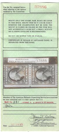 US 351 Classic To Modern F Mint Pair, Just Clears At Right - APS Cert