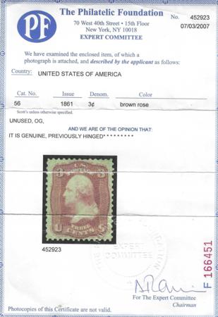 US 65E15h Essays and Proofs VF-XF Mint LH 3 cent August Issue (#56) PF Cert