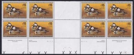 US RW72 Federal Duck Stamps NH VF Bottom Double Plate Block W/Vertical Gutter