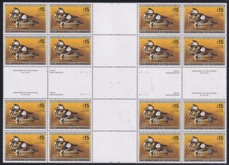 US RW72 Federal Duck Stamps NH V0F Cross Gutter Block Of 16 With 2 Plate Blocks