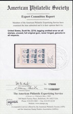 US 2219var Error Mint NH XF Tagging Omitted - APS Cert - Soon To Be Listed In Scott