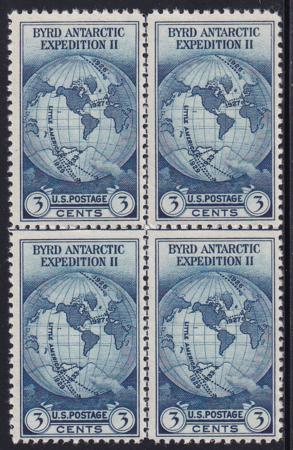 US 753 3¢ Byrd Farley Mint Positions No Gum VF Center Line Or Cross Gutter Block