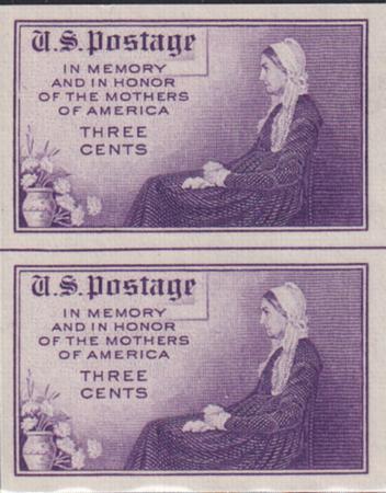 US 754 3¢ Mother's Day Farley Mint Positions No Gum VF Vert. Pair Horiz. Ln.