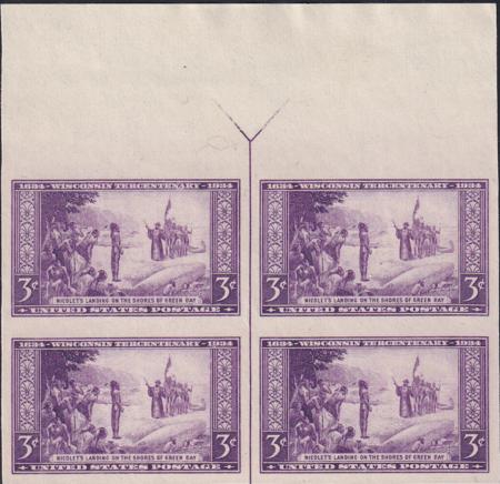 US 755 3¢ Wisconsin Farley Mint Positions No Gum VF Top Or Bot. Arrow Block