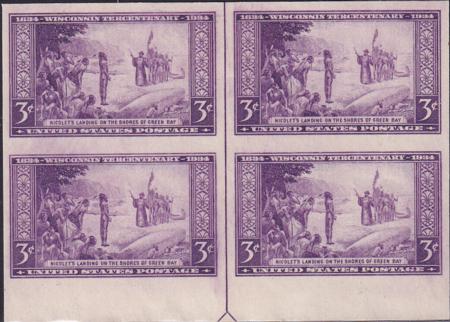 US 755 3¢ Wisconsin Farley Mint Positions No Gum VF Top Or Bot. Arrow Block