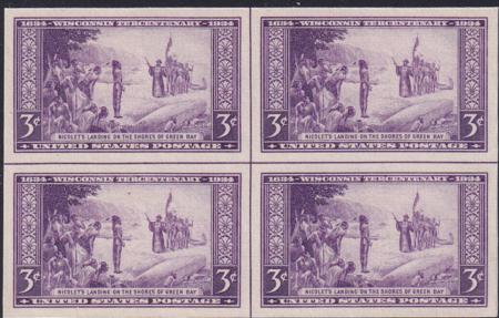 US 755 3¢ Wisconsin Farley Mint Positions No Gum VF Center Line Or Cross Gutter Block