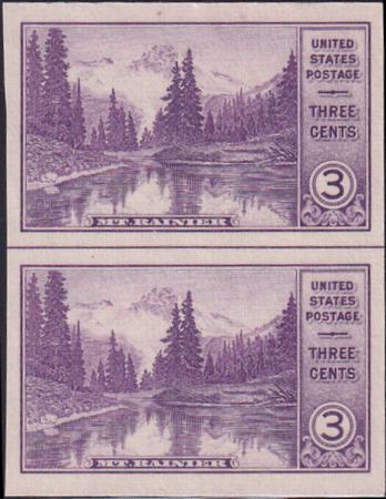 US 758 3¢ Mt. Rainier Farley Mint Positions No Gum VF Vert. Pair Horiz. Ln.