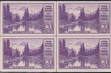 US 758 3¢ Mt. Rainier Farley Mint Positions No Gum VF Center Line Or Cross Gutter Block