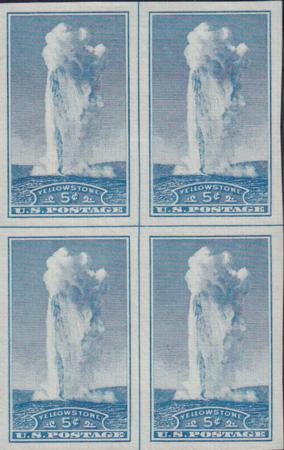US 760 5¢ Yellowstone Farley Mint Positions No Gum VF Center Line Or Cross Line Quater Block