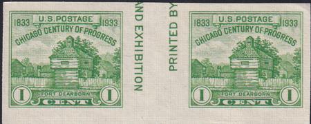 US 766a 1¢ Chicago S/S Farley Mint Positions No Gum VF Horiz. Pair Vert. Ln.