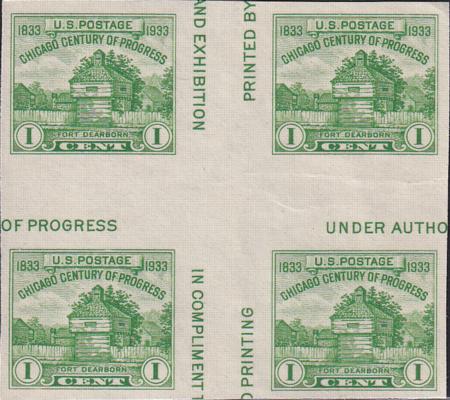 US 766a 1¢ Chicago S/S Farley Mint Positions No Gum VF Center Line Or Cross Gutter Block
