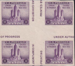 US 767a 3¢ Chicago S/S Farley Mint Positions No Gum VF Cross Line Or Cross Gutter Block