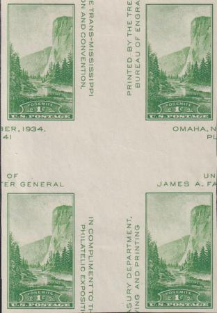 US 769a 1¢ Yosemite S/S Farley Mint Positions No Gum VF Center Line Or Cross Gutter Block