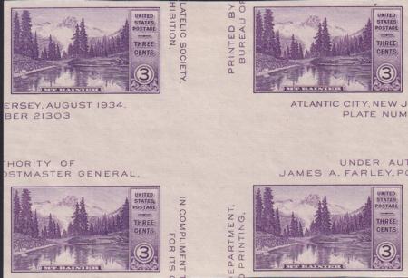 US 770a 3¢ Mt. Rainer S/S Farley Mint Positions No Gum VF Center Line Or Cross Gutter Block