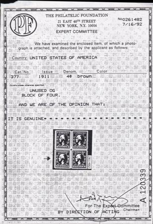 US 377 Washington / Franklin Mint NH VF Jumbo, Photo Of PF Cert For Block