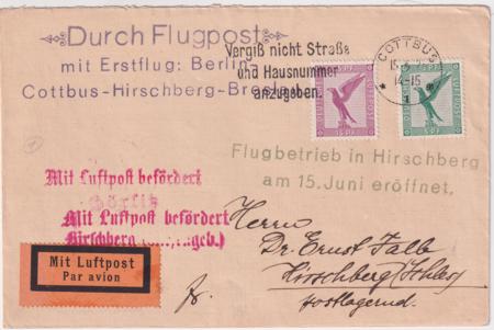 Germany 1927 Cottbus - Hirschberg First Flight Cover