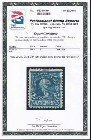 US 312 Bureau & Regular Issues Used VF Deep Shade, Light Cancel, PSE Cert Notes Light Creases + Thin Corner