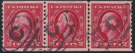 US 444 Washington / Franklin Used XF Line Strip Of 3 Left Stamp Damaged On Back, NYC. Right Stamp Corner Crease