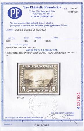 US 399E 1/2 Var Essays And Proofs Unused VF Like E1 But More Like Size E2, PF Cert As Photo Essay, See Wording Of Cert. UNIQUE