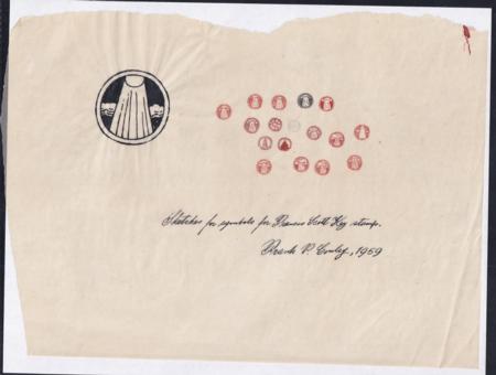 US 1142-E 9 Rough Drawings Of The Emblem Of The Francis Scott Key Stamp, 5 Of Which One Detailed And Interesting, 4 More Repetitive. Mostly Signed By Frank Conley