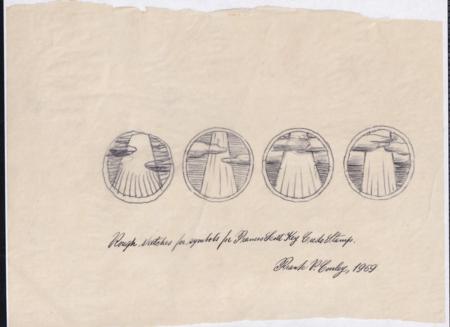 US 1142-E 9 Rough Drawings Of The Emblem Of The Francis Scott Key Stamp, 5 Of Which One Detailed And Interesting, 4 More Repetitive. Mostly Signed By Frank Conley