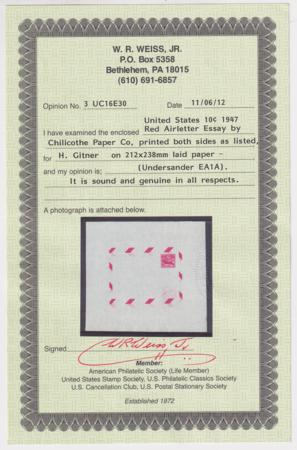 US 1947 UC16E30 Postal Stationary Essay, Chillicothe Paper Co