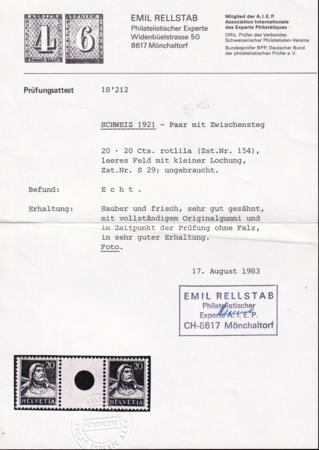 Switzerland SBK 529 Mint NH F-VF 20c. Red Lilac Small Hole Interspace Pair - Pristine - Rellstab Cert