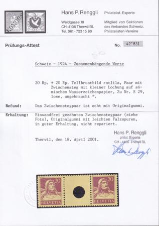 Switzerland SBK 529 Mint LH VF 20c Red Lilac Small Hole Interspace Pair Renggli Cert