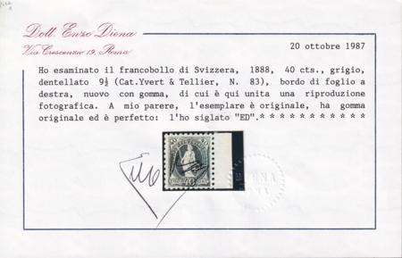Switzerland 91 Mint LH F-VF Exceptional Example - Rich Color, Full Perfs, Right Sheet Margin. Diena Cert.