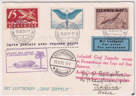 Switzerland 1931 Dual 2nd and 3rd South American Flights on Reply Card