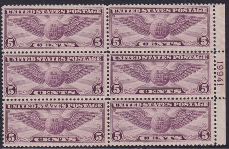 US C12 Airmail NH F-VF Plate Block, Top Horiz Perf Row