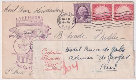 US 1936 1st North America Hindenburg Flight to Paris, Forwarded