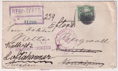 US 1919 C2 on Cover from Worcester MA to Sweden via NY